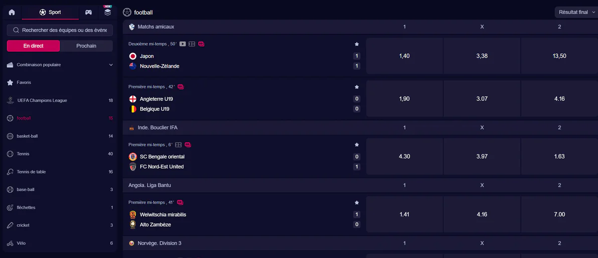NV Casino paris sportifs en direct avec football, basketball, tennis et cotes sur les matchs en cours