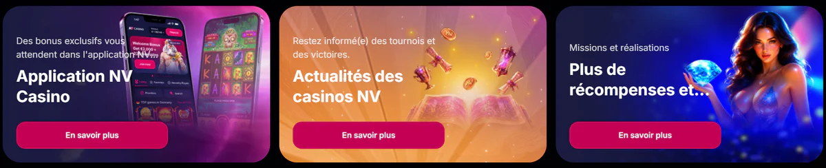 NV Casino sections dédiées à l’application mobile, aux actualités du casino, aux missions et aux récompenses exclusives