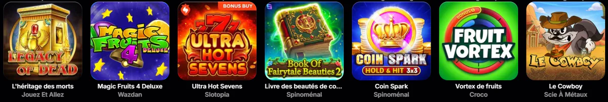 NV Casino sélection de machines à sous avec Legacy of Dead, Magic Fruits 4 Deluxe, Ultra Hot Sevens, Coin Spark, Fruit Vortex et Le Cowboy